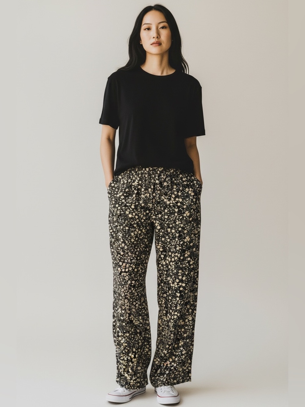 J. Crew Black Silk Wide-Leg Pants with Cream Floral Print